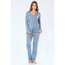 Türen Kadın Çizgili Uzun Kollu V Yaka Düğmeli Pijama Takım