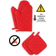 Sevilya Yanmaz Fırın Eldiveni 2 Adet ve Fırın Tutacağı 2 Adet Kırmızı