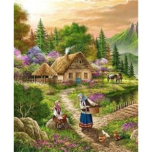 Pix Art Sanat Şirin Köy Evi ve Kadınlar  Pixart Sanat  Elmas Mozaik Tablo Diamond Türkiye   51 x 61 cm