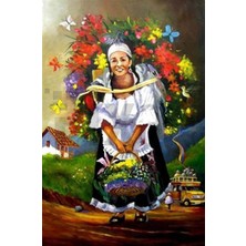 Pix Art Sanat Çiçek Taşıyan Mutlu Kadın  48 x 74 cm
