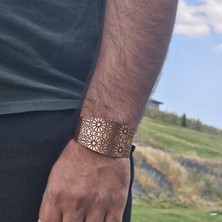 El Yapımı Geometrik Desenli Geniş Bakır Kelepçe Bileklik - Otantik ve Şık (Antep Desenli)