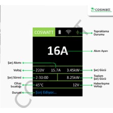 Coswatt Taşınabilir Elektrikli Araç Şarj Cihazı 16A 3,5kw Monofaze 5m(Türkçe Menü)Ve Taşıma Çantası