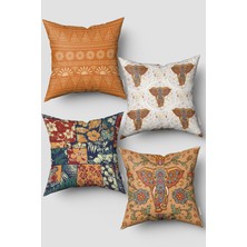 Turuncu Mavi Etnik Fil Desenli 4'lü Kırlent Kılıfı Seti