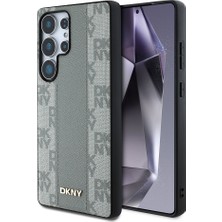 Galaxy S25 Ultra Kılıf Dkny Lisanslı M-Safe Şarj Özellikli 3D Yazılı Checkered Pattern Kapak Bej