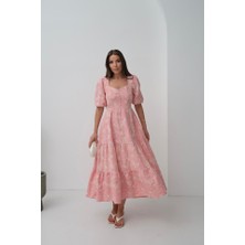 Aisha Elbise Pembe Süs Düğmeli Balon Kollu Elbise