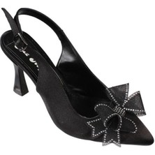 Yazkış Kadın Siyah Gümüş Saten Üzeri Fiyonk Toka 9cm Kadeh Topuk Arkası Açık Steletto Ayakkabı