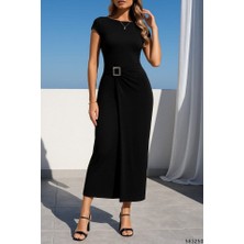 Nidam Butik Kadın Sandy Kumaş Metal Toka Detaylı Midi Boy Elbise