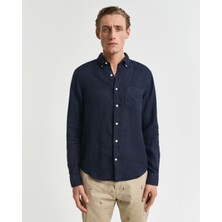 Gant Erkek Lacivert Regular Fit Düğmeli Yaka Keten Gömlek 3240120.433