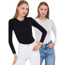 Kadın Siyah Beyaz 2'li Uzun Kol Body Bisiklet Yaka Kadın Badi 2101