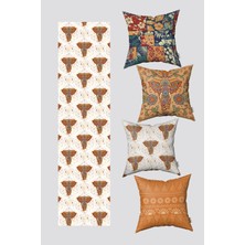 Turuncu Mavi Etnik Fil Desenli 4'lü Kırlent Kılıfı ve Runner Seti