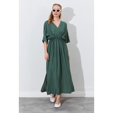 Kadın Haki Düşük Kol Yanları Yırtmaçlı Uzun Elbise