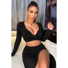 Kadın Siyah Uzun Kol Göğüs ve Göbek Dekolteli Fermuarlı Crop Top Bluz