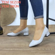 Kadın Ayakkabı Simli Sitiletto Kısa Topuklu Klasik Günlük Ayakkabı 3 cm