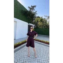 Yakalı Gömlek Kemerli Şortlu Takım - Bordo