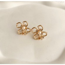 Kadın Küpe Inci Minik Zirkon Taş Detay Çiçek Küpe