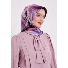 Menekşe Soyut Ebruli Desen Twill İpek Eşarp