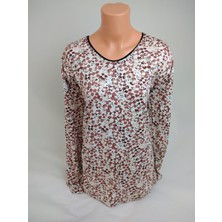 Kadın Kahverengi Bej U Yaka Uzun Ollu Desenli Yırtmaçlı Dokuma Viskon Anne Penye Tişört