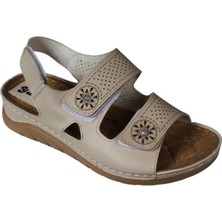 Yazkış Kadın Siyah Krem Önü Çift  Bantlı Çırtlı Çrtlı Rahat Comfort Taban Esnek Sandalet