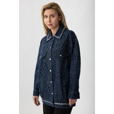 5474 - Yaka Nakış Detaylı Rahat Şık Kadın Kot Ceket