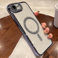 Apple iPhone 16E Kılıf Simli Magsafe Kamera Kenar Taşlı Kapak