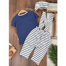 Askı Pantolonlu Çizgi Desenli Şapkalı Kısa Kollu Tişört 6-24 Ay 3 Lü Yazlık Erkek Bebek Takım