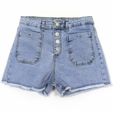 Cepli Düğme Detaylı Mavi Renk Kız Çocuk Eskitme Paça Kot Şort 001-0002052