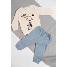 Hav Hav Baskılı Uzun Kollu Sweatshirt ve Bej Alt Eşofman Takımı Mavi