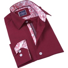 Bordo Yaka ve Manşet Içi Beyaz Şal Desen Detaylı Slim Fit Erkek Gömlek