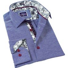 Mavi Jeans Görünümlü Yaka ve Manşet Içi Çiçek Desen Detaylı Slim Fit Erkek Gömlek