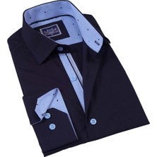 Lacivert Yaka ve Manşet Içi Mavi Desenli Slim Fit Erkek Gömlek