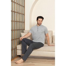 Bie's Erkek Gri 3 Düğmeli %100 Pamuk Yazlık Kısa Kol Cepli Pijama Takımı