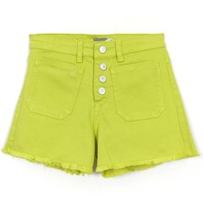 Düğme ve Cep Detaylı Yağ Yeşili Kız Çocuk Eskitme Paça Kot Şort 001-0002053