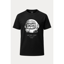 nirvoda Astronot Kedi Astrocat Baskılı Loose Fit Bisiklet Yaka Unisex Tişört Siyah