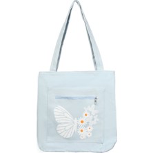 Toz Vintage Kelebek ve Papatya Desenli  Fermuarlı Bez Kol Omuz Çantası