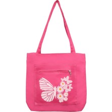 Toz Vintage Kelebek ve Papatya Desenli  Fermuarlı Bez Kol Omuz Çantası