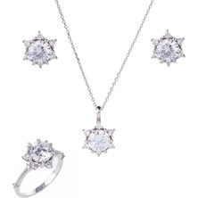 7 mm Zirkon Taşlı Lotus-Çiçek Model 925 Ayar Gümüş Üçlü Kadın Takı Seti