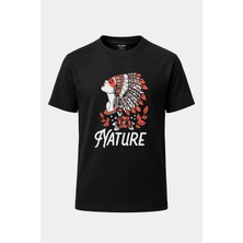 nirvoda Apaçi Hintli Kadın Baskılı Loose Fit Bisiklet Yaka Unisex Tişört Siyah