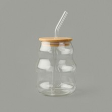 Bambu Kapaklı Pipetli Bardak - Açık Kahverengi / Şeffaf - 450 ml