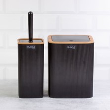 Home Çizgili 2'li Ahşap Desenli Banyo Aksesuar Seti - Siyah