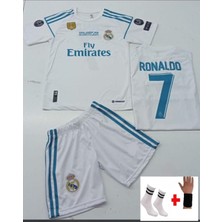 Sidas Cristiano Ronaldo Real. Madrid 2018 Beyaz Şampiyonlar Ligi Çocuk Forma T-Shrt Takımı Çorap+Bileklik  Hediyeli
