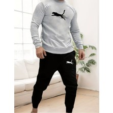 Eşofman Takımı Panter Baskılı Unisex Kışlık Kalın Pamuklu Sweatshirt ve Eşofman Altı 2' Li Set