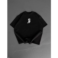 Baskılı Oversize Bisiklet Yaka T-Shirt - Siyah