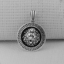 Yuvarlak Aslan Figürlü Kral Zincirli  925 Ayar Gümüş Erkek Kolye Ucu