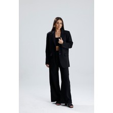 Isawella Üç Cepli Önü Düğmeli Oversize Blazer Ceket - Siyah