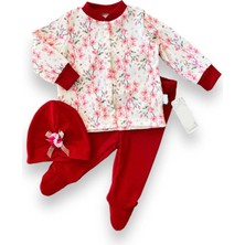 3-6-9-12 Ay Çiçek Baskılı Şapkalı Çıtçıt Kapamalı Patikli 3lü Kız Bebek Takımı Kırmızı