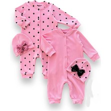 0-3 3-6 6-9 Ay Payetli Şapka Çıtçıt Kapamalı Puantiyeli ve Düz 2 Li Kombin Kız Bebek Tulumları Pembe