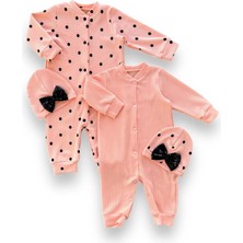0-3 3-6 6-9 Ay Payetli Şapka Çıtçıt Kapamalı Puantiyeli ve Düz 2 Li Kombin Kız Bebek Tulumları Somon