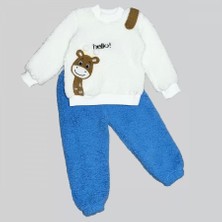 1-2-3 Yaş Hello Zürafa Nakışlı Kuzu Kumaş Sweat Pantolon Uzun Kollu Kız Erkek 2 Li Takımı Saks Mavisi