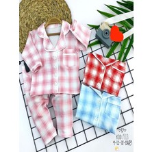 Cenen 9-12-18-24 Ay Düğme Kapamalı Ekose Desenli 2li Kız Erkek Bebek Pijama Takımı Pembe