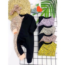 3-6-9-12 Ay Bandanalı Leopar Desenlı Fermuar Kapama Kız Bebek Tulumu Bej